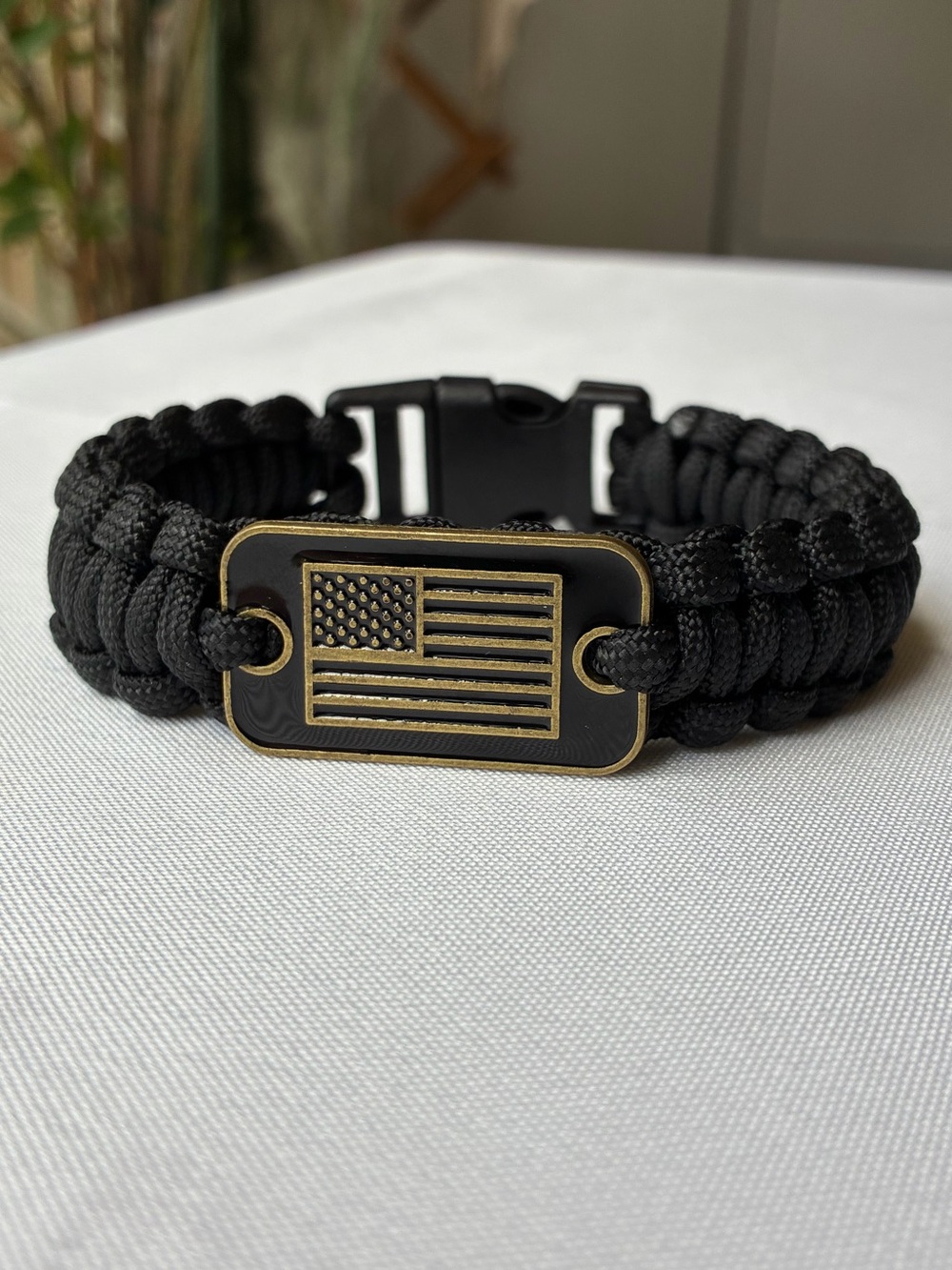 Black Paracord Bracelet with Brass American Flag Plate